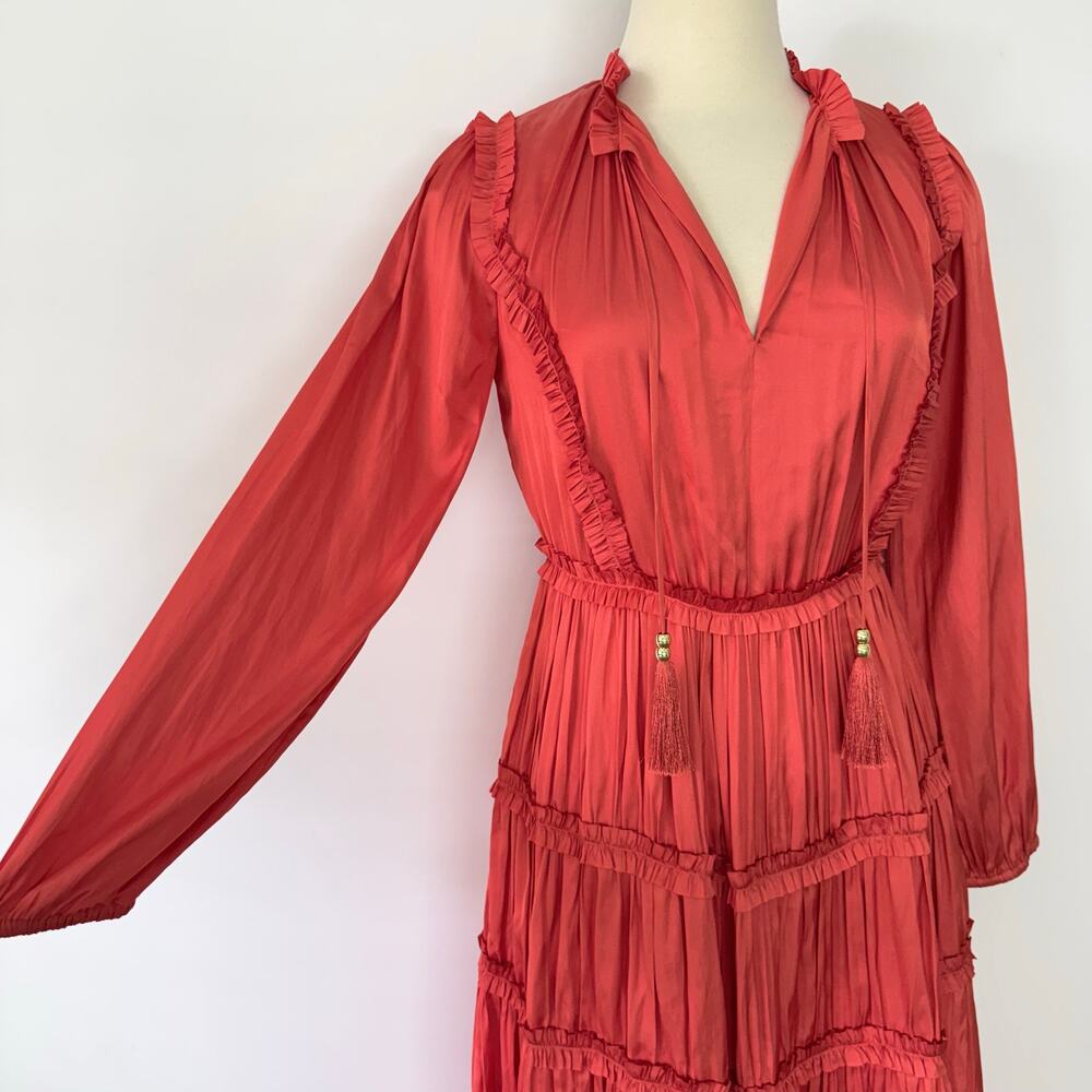 Elie Tahari Satin Ruffle Midi Dress Tiered Long Sleeves in Wild Flower 2 NWT - Picture 6 of 12